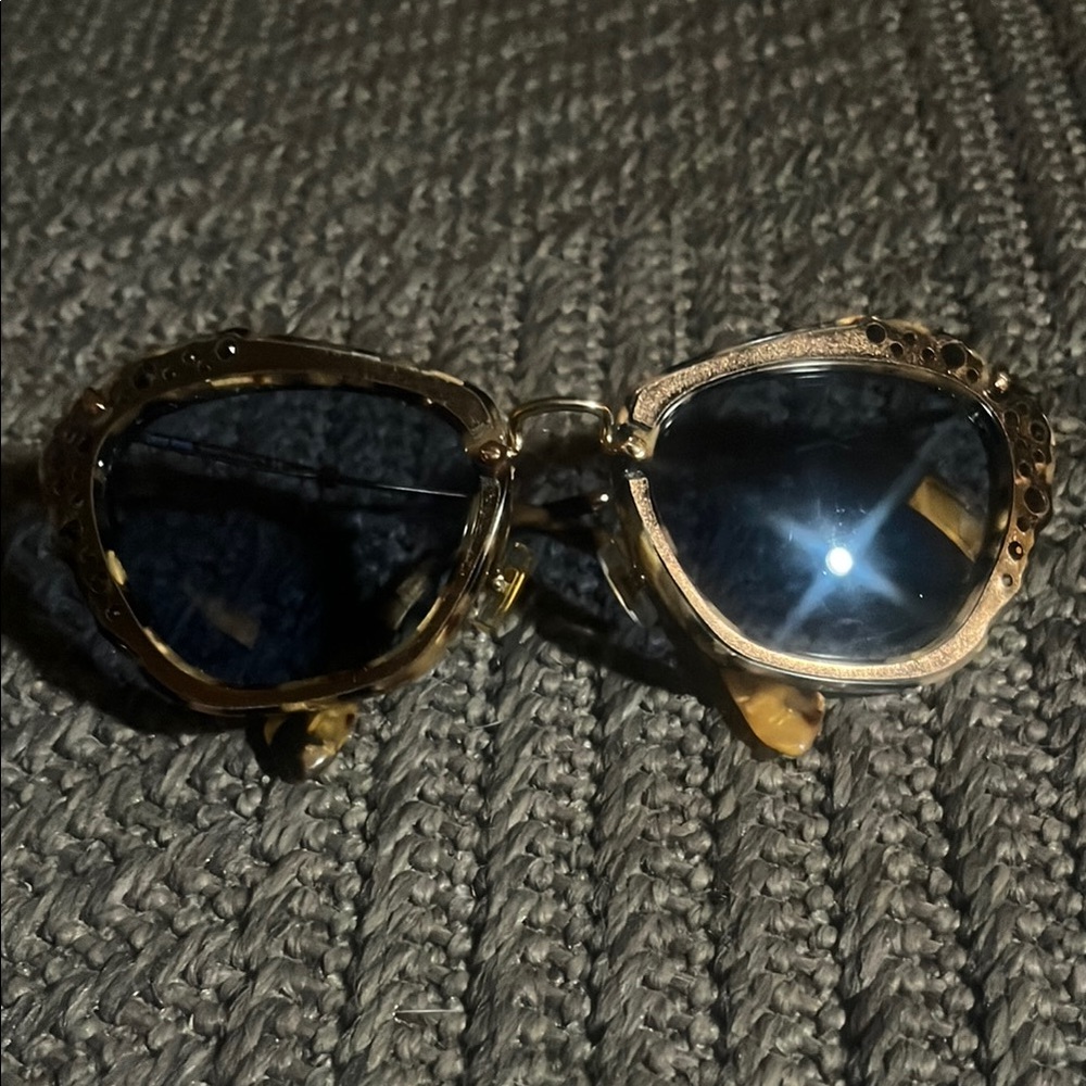 MIU MIU NOIR 04Q Brown Havana Blue Foil Leather Crystal Stud Sunglasses MU04QS